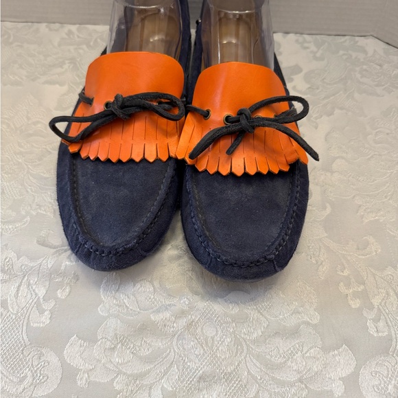 Cole‎ Haan 11M Driving Moccasins Shoe Blue Leather Orange Fringe Kiltie  Preppy - Picture 2 of 11